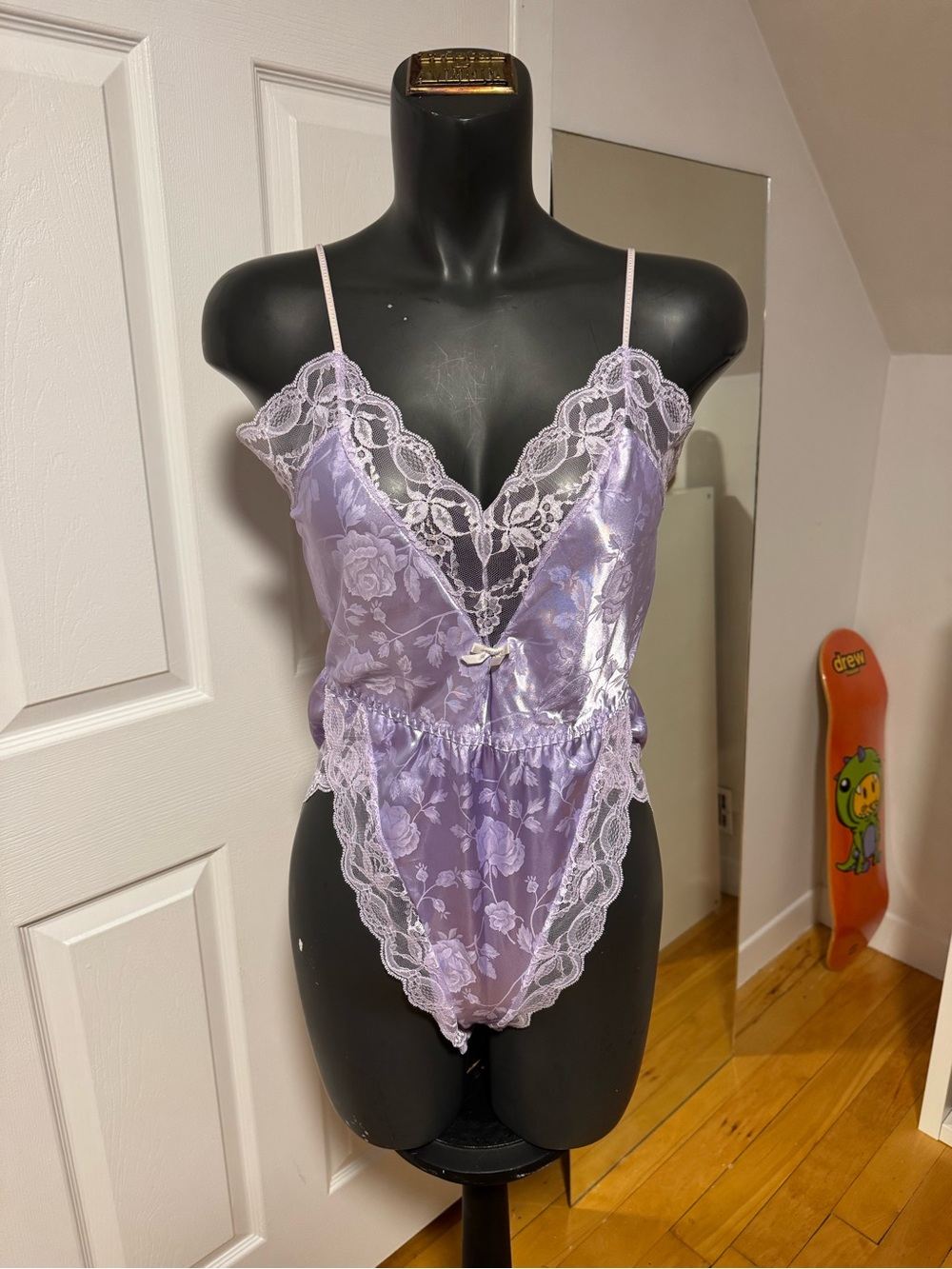 Lavender Lace-Trim Satin Teddy Bodysuit - Women Intimates
